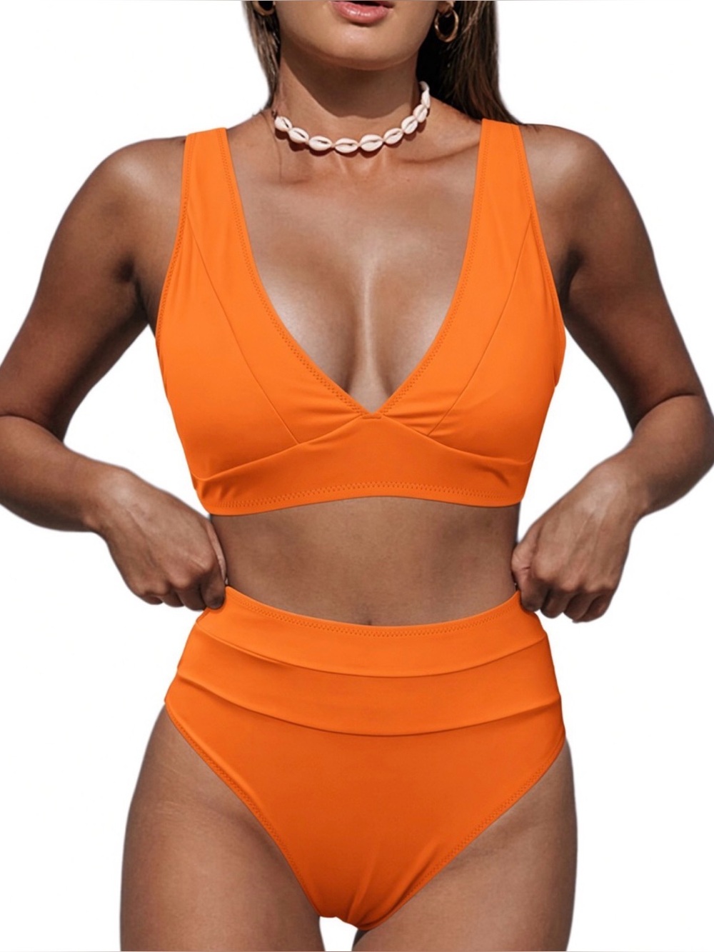 NWT Hilinker Women's Bikini Swimsuit V Neck High Waisted 2 Piece - Orange - Sz S